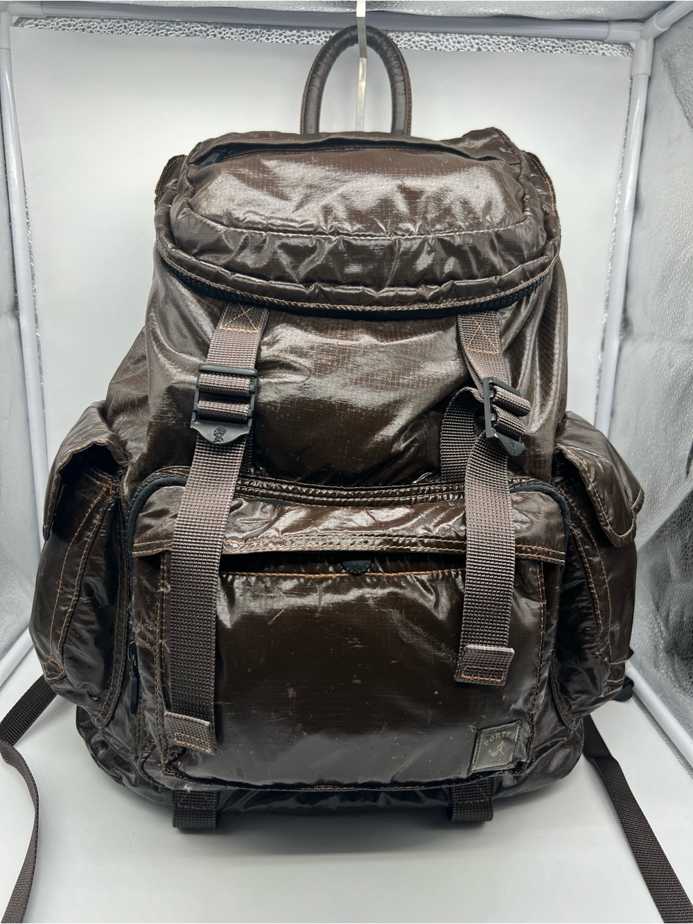 PORTER INTERNATIONAL Y2K MA-1 Plus Brown Glossy Nylon Crinkled Rucksack Backpack